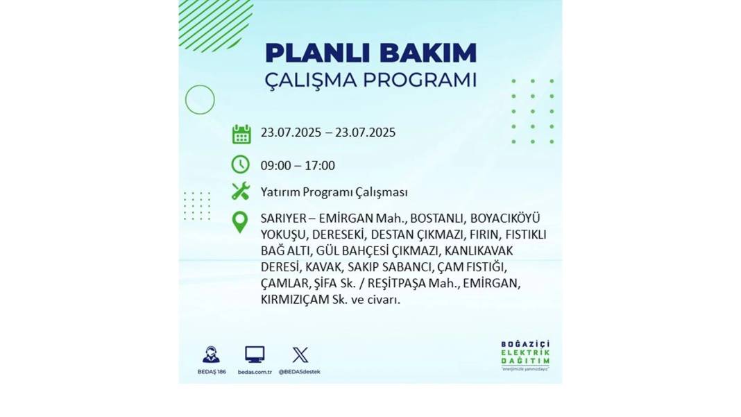 BÜYÜK ELEKTRİK KESİNTİSİ YAŞANACAK: BEDAŞ 23 Temmuz Çarşamba günü elektrik kesintisi yaşayacak ilçeleri sıraladı! 18