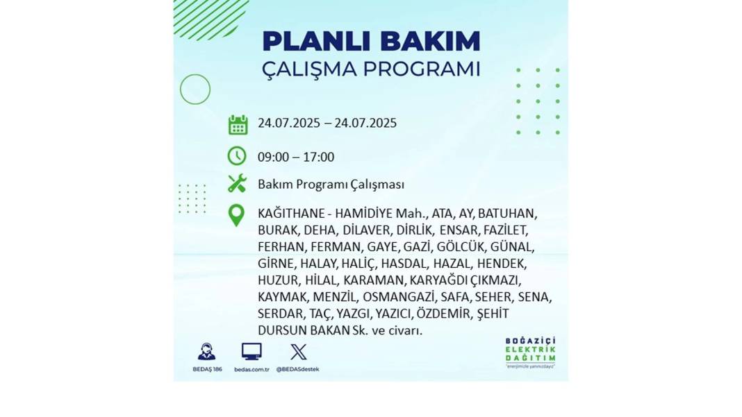 BÜYÜK KESİNTİ YAŞANACAK: BEDAŞ 24 Temmuz Perşembe elektrik kesintisi yaşayacak ilçeleri sıraladı. Elektrikler ne zaman gelecek? 12