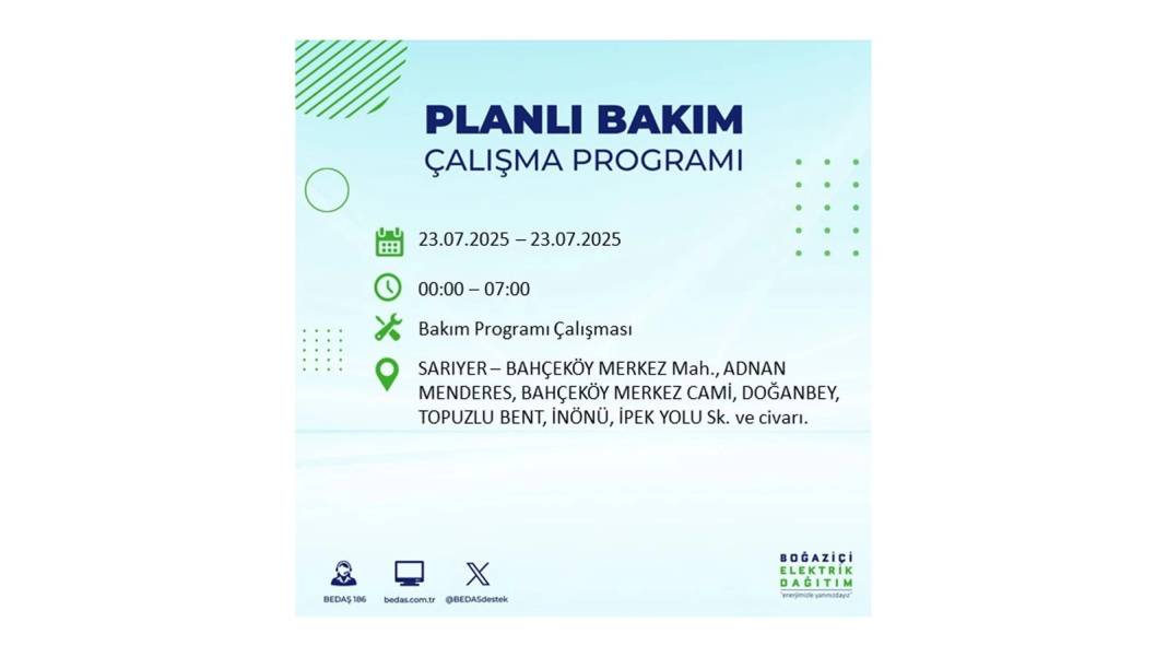 BÜYÜK ELEKTRİK KESİNTİSİ YAŞANACAK: BEDAŞ 23 Temmuz Çarşamba günü elektrik kesintisi yaşayacak ilçeleri sıraladı! 17