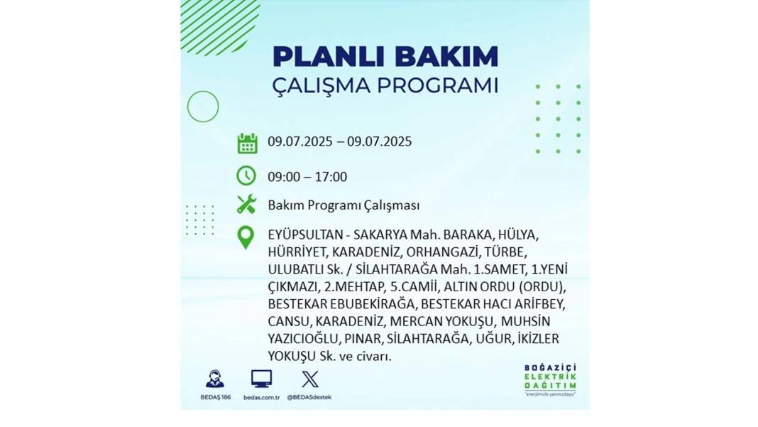 SAATLERCE ELEKTRİK OLMAYACAK: BEDAŞ 9 Temmuz Çarşamba elektrik kesintisi yaşayacak ilçeleri sıraladı! 33