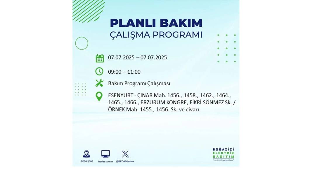 BÜYÜK ELEKTRİK KESİNTİSİ YAŞANACAK: BEDAŞ 7 Temmuz Pazartesi elektrik kesintisi yaşayacak ilçeleri sıraladı! 34