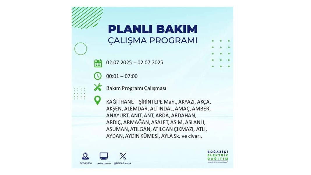 O İLÇELERDE UZUN SÜRE ELEKTRİK OLMAYACAK: BEDAŞ 2 Temmuz Çarşamba elektrik kesintisi yaşayacak ilçeleri sıraladı 27