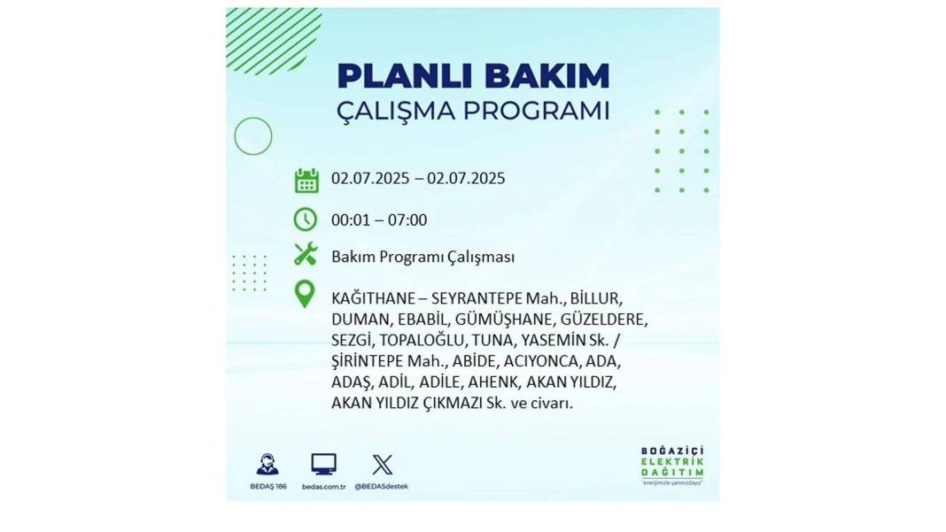 O İLÇELERDE UZUN SÜRE ELEKTRİK OLMAYACAK: BEDAŞ 2 Temmuz Çarşamba elektrik kesintisi yaşayacak ilçeleri sıraladı 25