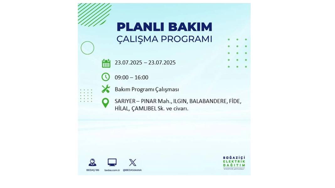BÜYÜK ELEKTRİK KESİNTİSİ YAŞANACAK: BEDAŞ 23 Temmuz Çarşamba günü elektrik kesintisi yaşayacak ilçeleri sıraladı! 16