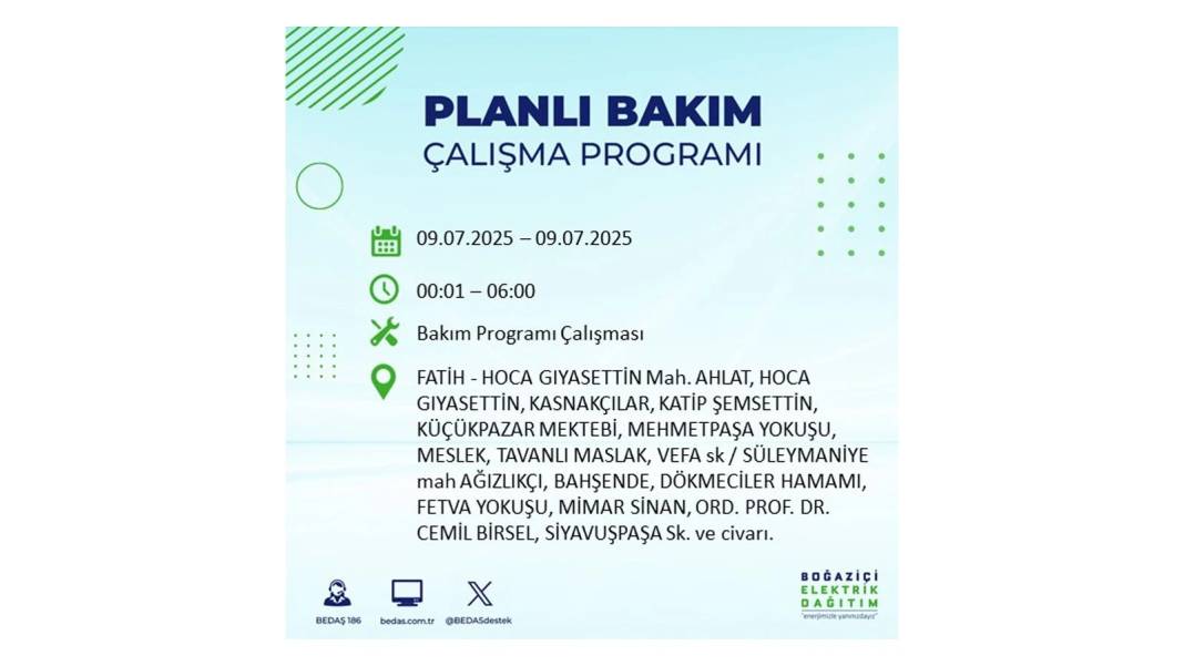 SAATLERCE ELEKTRİK OLMAYACAK: BEDAŞ 9 Temmuz Çarşamba elektrik kesintisi yaşayacak ilçeleri sıraladı! 30