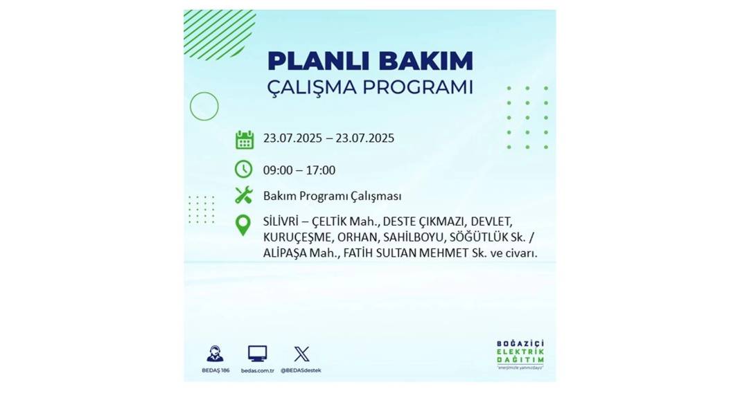 BÜYÜK ELEKTRİK KESİNTİSİ YAŞANACAK: BEDAŞ 23 Temmuz Çarşamba günü elektrik kesintisi yaşayacak ilçeleri sıraladı! 13