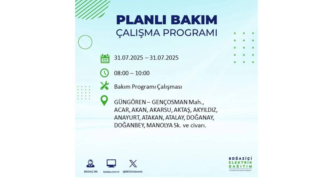 BÜYÜK ELEKTRİK KESİNTİSİ OLACAK: BEDAŞ 31 Temmuz Perşembe elektrik kesintisi yaşayacak ilçeleri sıraladı! 20