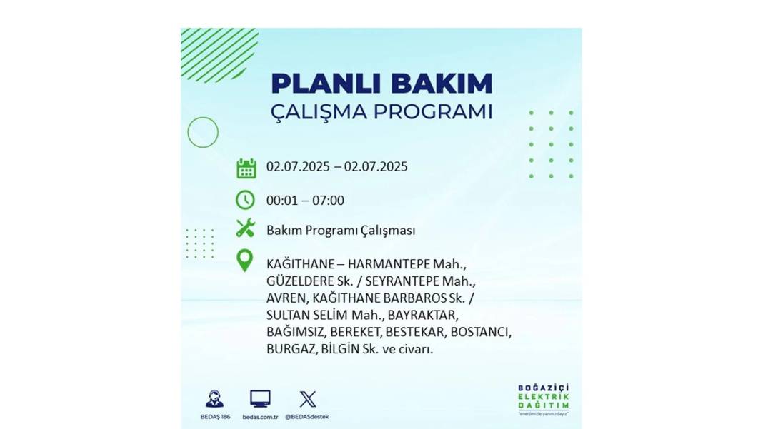 O İLÇELERDE UZUN SÜRE ELEKTRİK OLMAYACAK: BEDAŞ 2 Temmuz Çarşamba elektrik kesintisi yaşayacak ilçeleri sıraladı 24