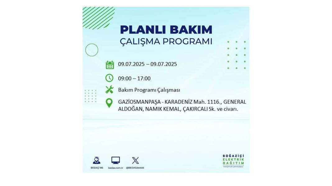 SAATLERCE ELEKTRİK OLMAYACAK: BEDAŞ 9 Temmuz Çarşamba elektrik kesintisi yaşayacak ilçeleri sıraladı! 32