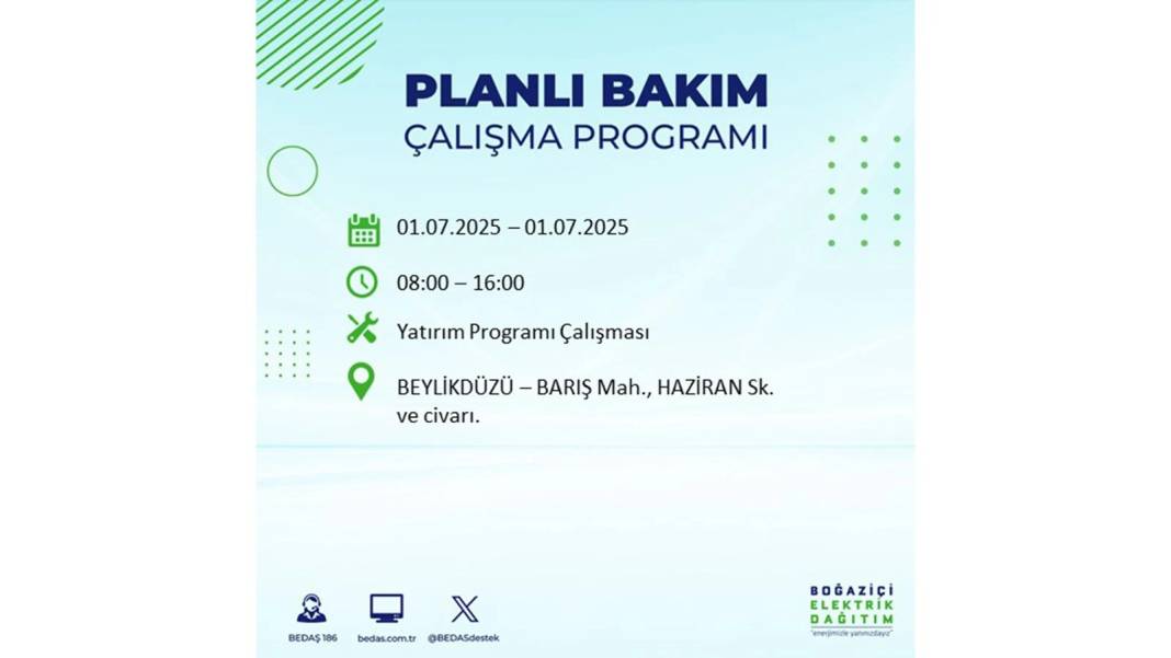 O İLÇELERDE ELEKTRİK OLMAYACAK: BEDAŞ 1 Temmuz Salı elektrik kesintisi yaşayacak ilçeleri sıraladı! 24