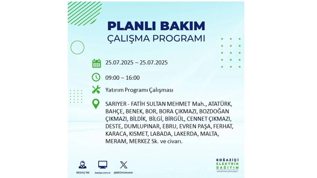 O İLÇELERDE ELEKTRİK OLMAYACAK: BEDAŞ 25 Temmuz Cuma elektrik kesintisi yaşayacak ilçeler belli oldu! 15