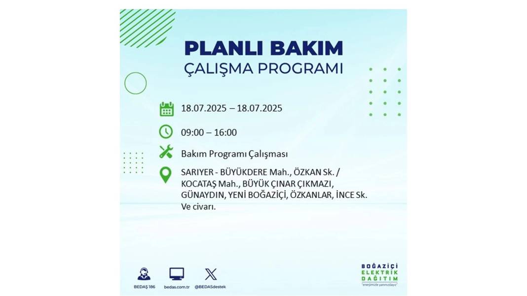 O İLÇELERDE UZUN SÜRE ELEKTRİK OLMAYACAK: BEDAŞ 18 Temmuz Cuma elektrik kesintisi yaşayacak ilçeleri duyurdu! 19