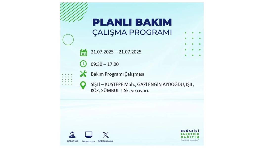 O İLÇLERDE ELEKTRİK OLMAYACAK: BEDAŞ 21 Temmuz Pazartesi elektrik kesintisi yaşayacak ilçeleri sıraladı! 1