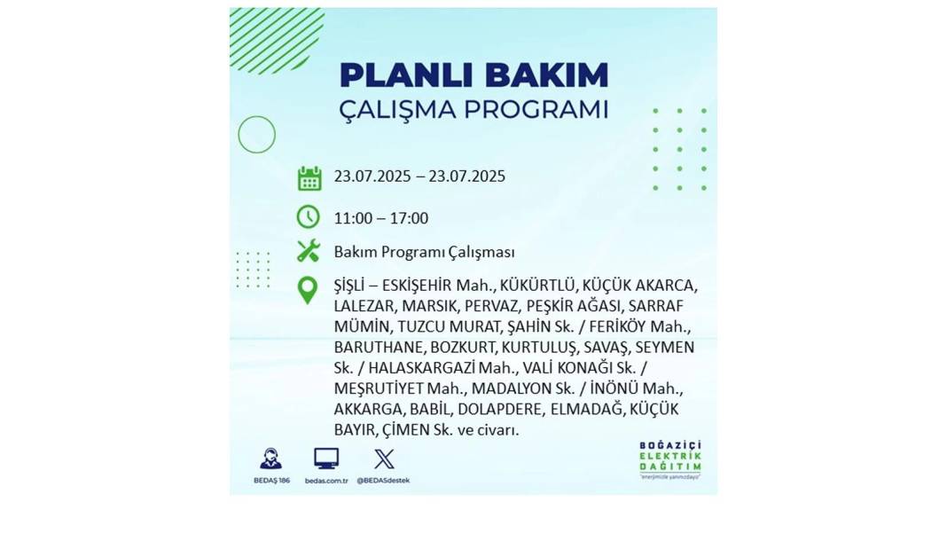 BÜYÜK ELEKTRİK KESİNTİSİ YAŞANACAK: BEDAŞ 23 Temmuz Çarşamba günü elektrik kesintisi yaşayacak ilçeleri sıraladı! 7