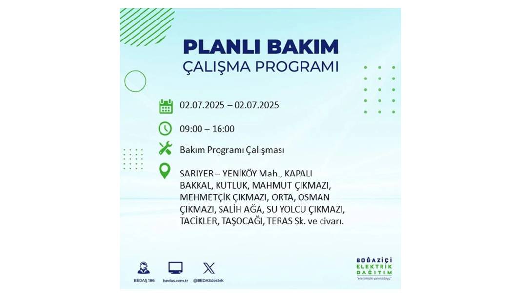 O İLÇELERDE UZUN SÜRE ELEKTRİK OLMAYACAK: BEDAŞ 2 Temmuz Çarşamba elektrik kesintisi yaşayacak ilçeleri sıraladı 20