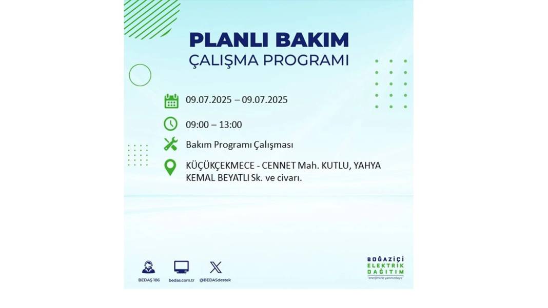 SAATLERCE ELEKTRİK OLMAYACAK: BEDAŞ 9 Temmuz Çarşamba elektrik kesintisi yaşayacak ilçeleri sıraladı! 24