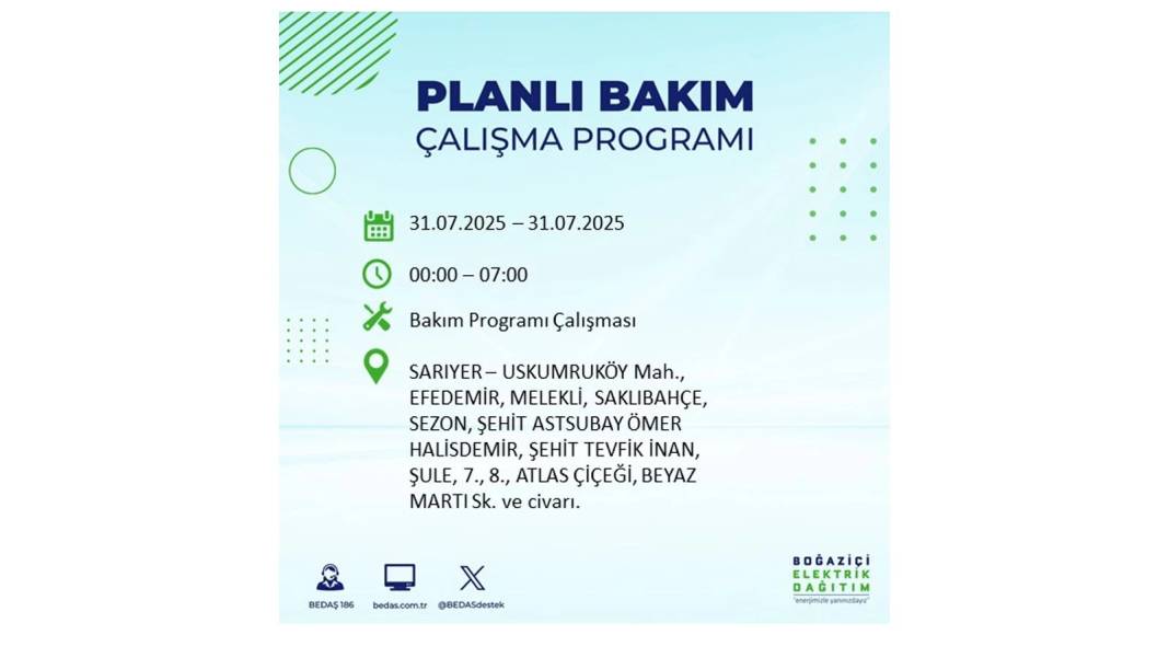 BÜYÜK ELEKTRİK KESİNTİSİ OLACAK: BEDAŞ 31 Temmuz Perşembe elektrik kesintisi yaşayacak ilçeleri sıraladı! 10
