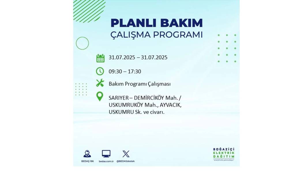 BÜYÜK ELEKTRİK KESİNTİSİ OLACAK: BEDAŞ 31 Temmuz Perşembe elektrik kesintisi yaşayacak ilçeleri sıraladı! 14