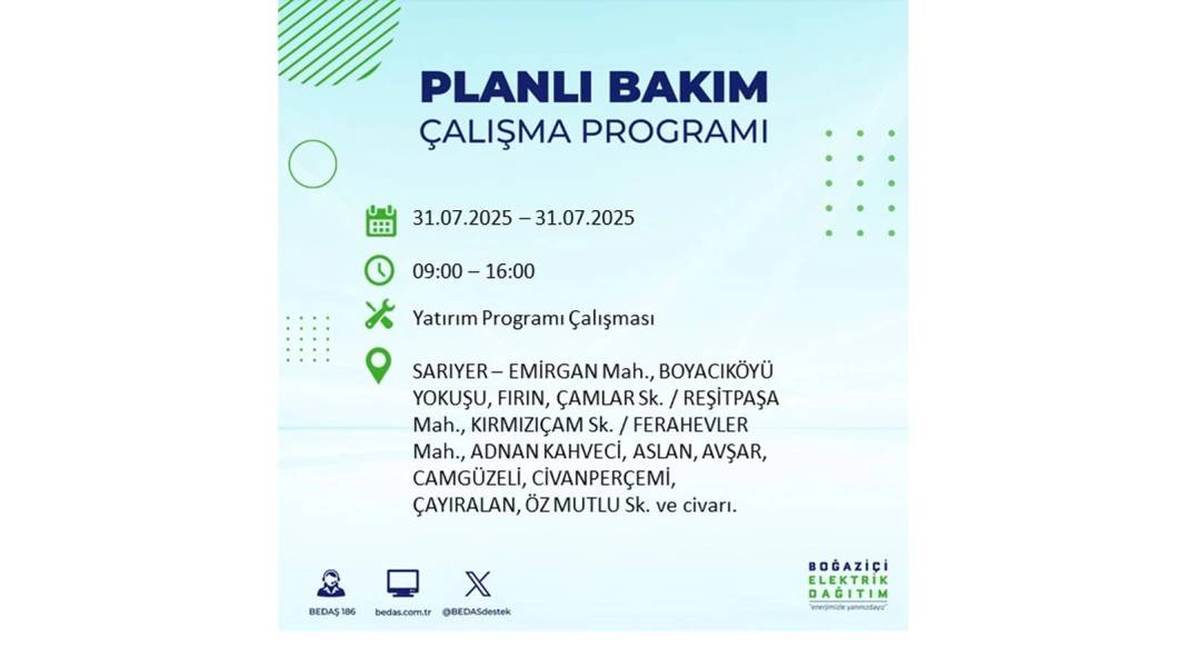 BÜYÜK ELEKTRİK KESİNTİSİ OLACAK: BEDAŞ 31 Temmuz Perşembe elektrik kesintisi yaşayacak ilçeleri sıraladı! 12