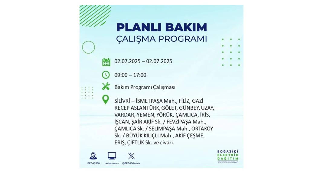 O İLÇELERDE UZUN SÜRE ELEKTRİK OLMAYACAK: BEDAŞ 2 Temmuz Çarşamba elektrik kesintisi yaşayacak ilçeleri sıraladı 13