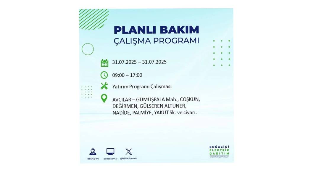 BÜYÜK ELEKTRİK KESİNTİSİ OLACAK: BEDAŞ 31 Temmuz Perşembe elektrik kesintisi yaşayacak ilçeleri sıraladı! 73