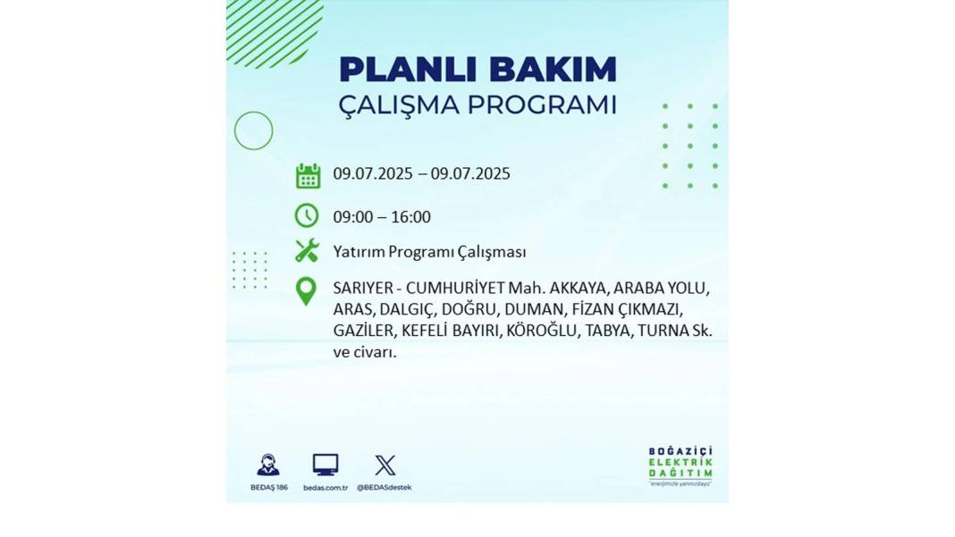 SAATLERCE ELEKTRİK OLMAYACAK: BEDAŞ 9 Temmuz Çarşamba elektrik kesintisi yaşayacak ilçeleri sıraladı! 19