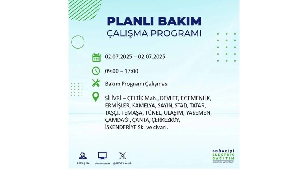 O İLÇELERDE UZUN SÜRE ELEKTRİK OLMAYACAK: BEDAŞ 2 Temmuz Çarşamba elektrik kesintisi yaşayacak ilçeleri sıraladı 14