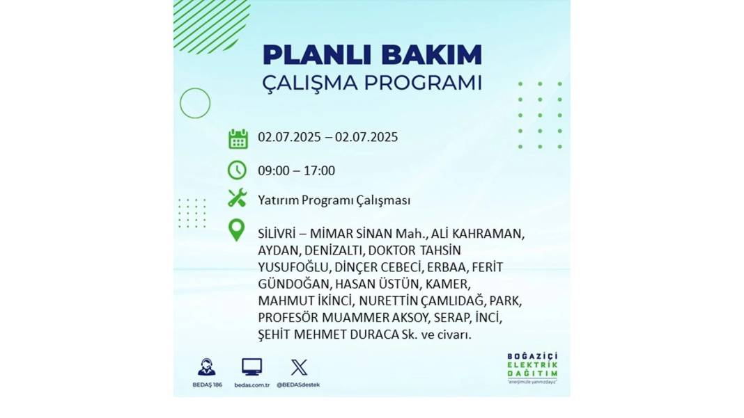 O İLÇELERDE UZUN SÜRE ELEKTRİK OLMAYACAK: BEDAŞ 2 Temmuz Çarşamba elektrik kesintisi yaşayacak ilçeleri sıraladı 12