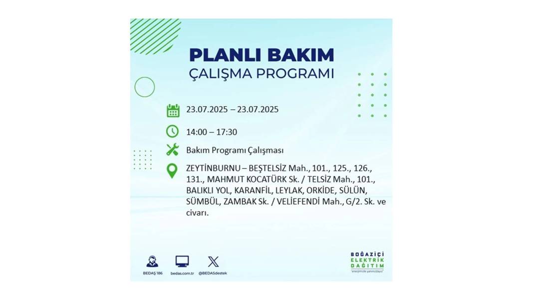 BÜYÜK ELEKTRİK KESİNTİSİ YAŞANACAK: BEDAŞ 23 Temmuz Çarşamba günü elektrik kesintisi yaşayacak ilçeleri sıraladı! 1