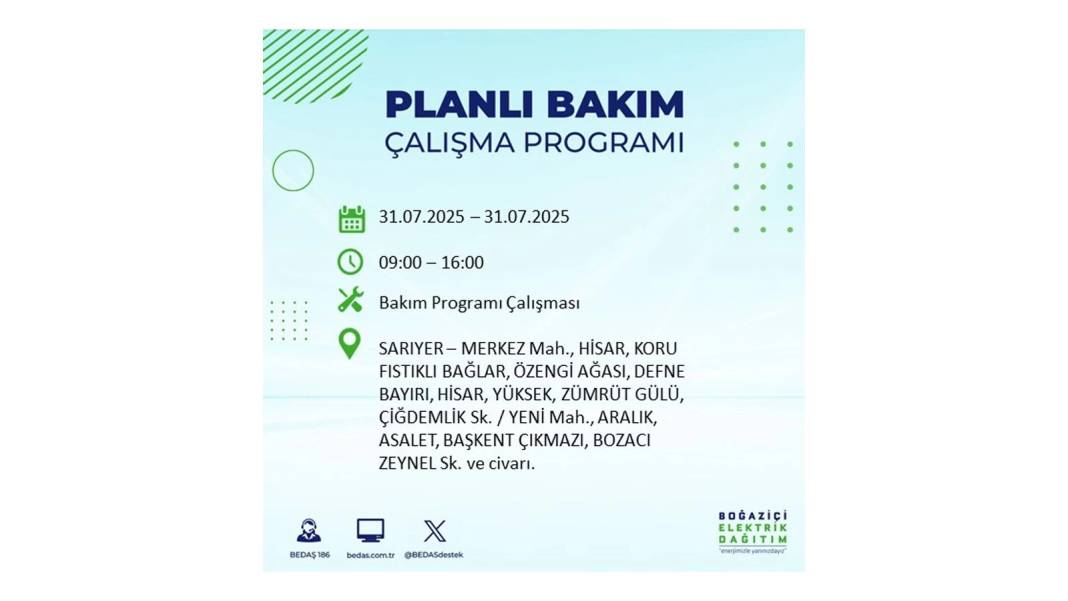 BÜYÜK ELEKTRİK KESİNTİSİ OLACAK: BEDAŞ 31 Temmuz Perşembe elektrik kesintisi yaşayacak ilçeleri sıraladı! 13