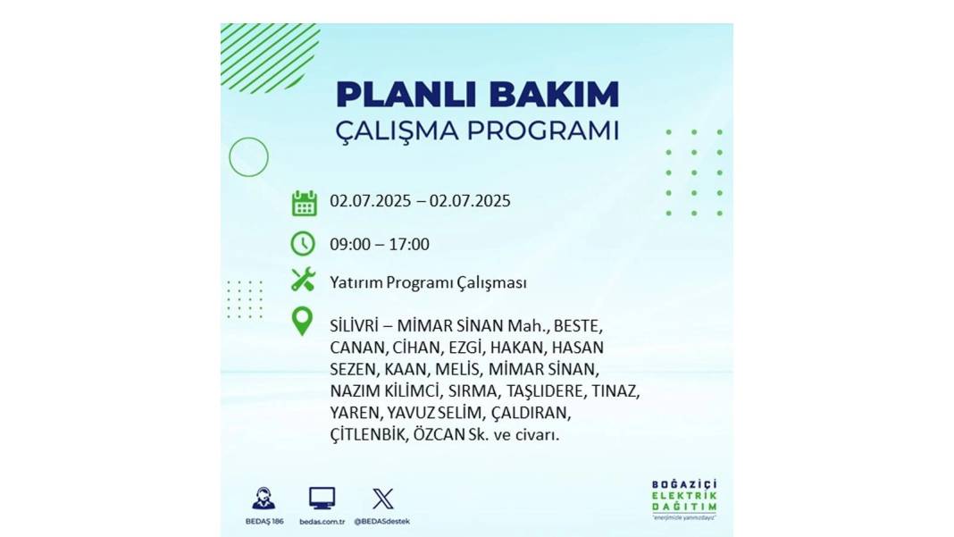 O İLÇELERDE UZUN SÜRE ELEKTRİK OLMAYACAK: BEDAŞ 2 Temmuz Çarşamba elektrik kesintisi yaşayacak ilçeleri sıraladı 9