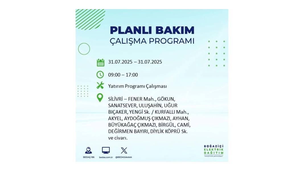 BÜYÜK ELEKTRİK KESİNTİSİ OLACAK: BEDAŞ 31 Temmuz Perşembe elektrik kesintisi yaşayacak ilçeleri sıraladı! 7