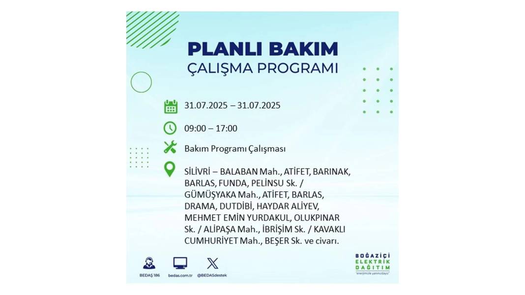 BÜYÜK ELEKTRİK KESİNTİSİ OLACAK: BEDAŞ 31 Temmuz Perşembe elektrik kesintisi yaşayacak ilçeleri sıraladı! 6