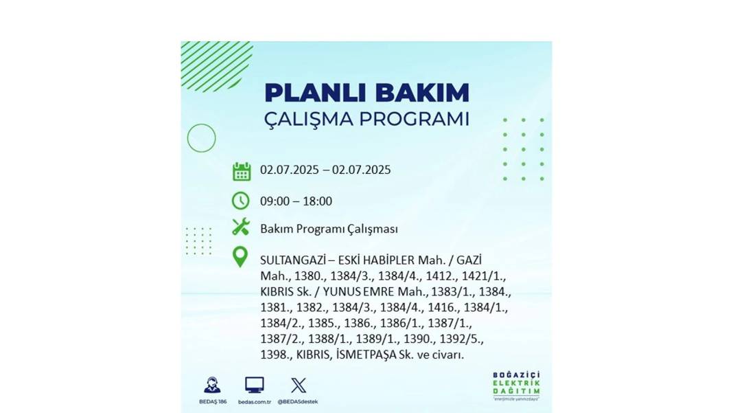 O İLÇELERDE UZUN SÜRE ELEKTRİK OLMAYACAK: BEDAŞ 2 Temmuz Çarşamba elektrik kesintisi yaşayacak ilçeleri sıraladı 8