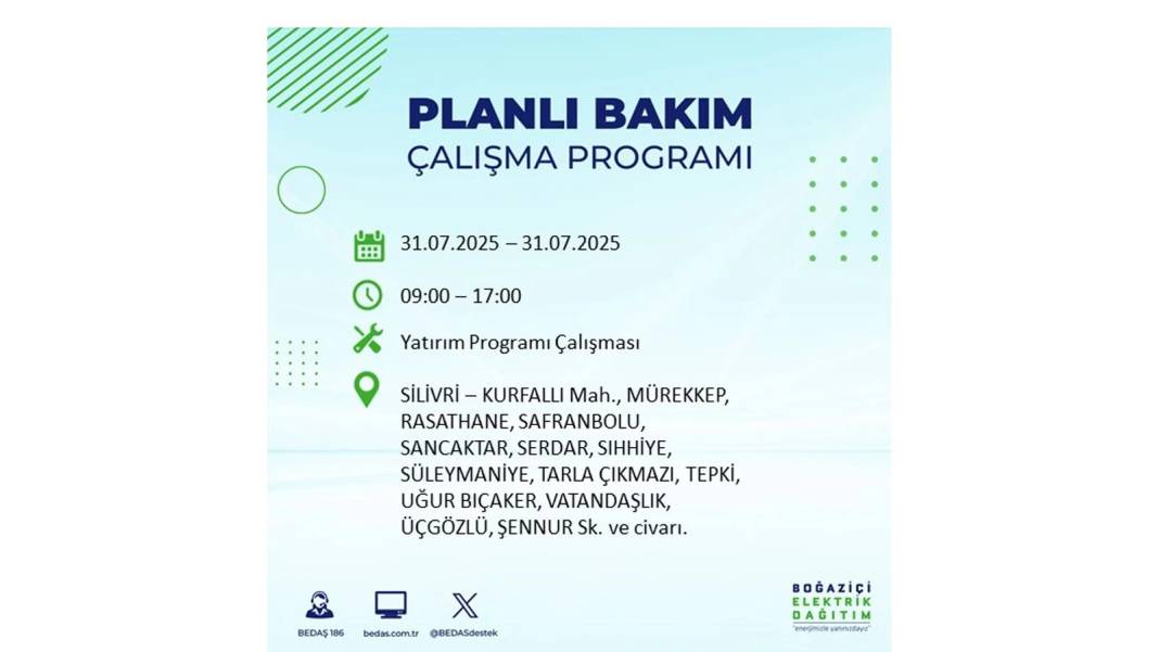 BÜYÜK ELEKTRİK KESİNTİSİ OLACAK: BEDAŞ 31 Temmuz Perşembe elektrik kesintisi yaşayacak ilçeleri sıraladı! 5