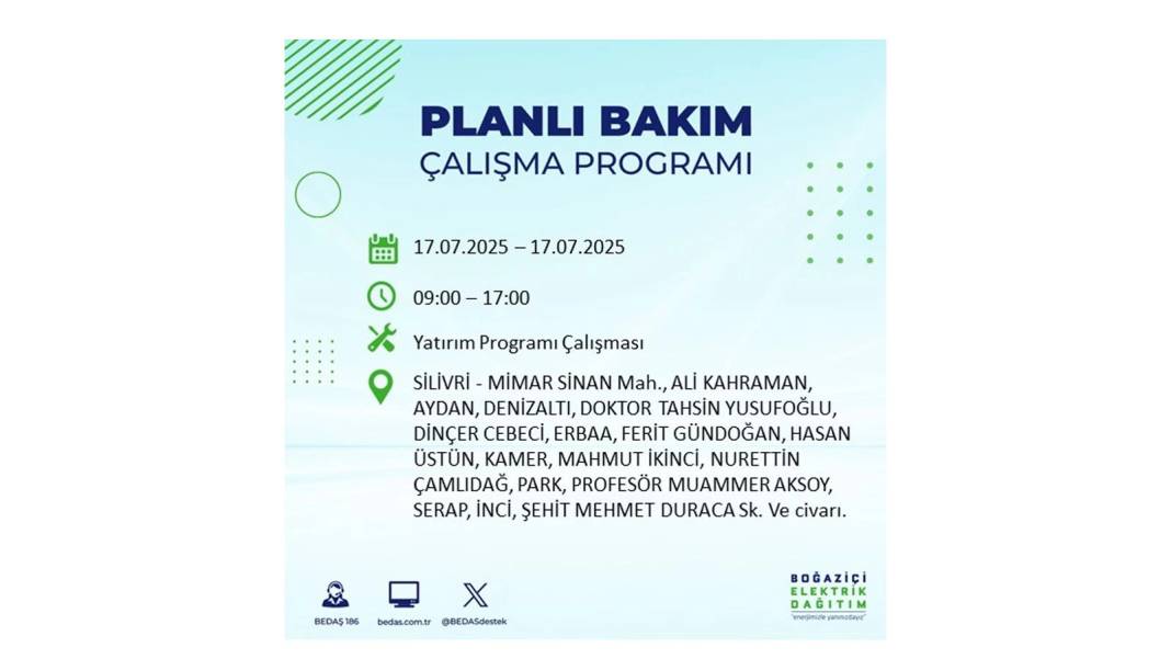 O İLÇELERDE ELEKTRİK OLMAYACAK: BEDAŞ 17 Temmuz Perşembe elektrik kesintisi yaşayacak ilçeleri sıraladı! 16
