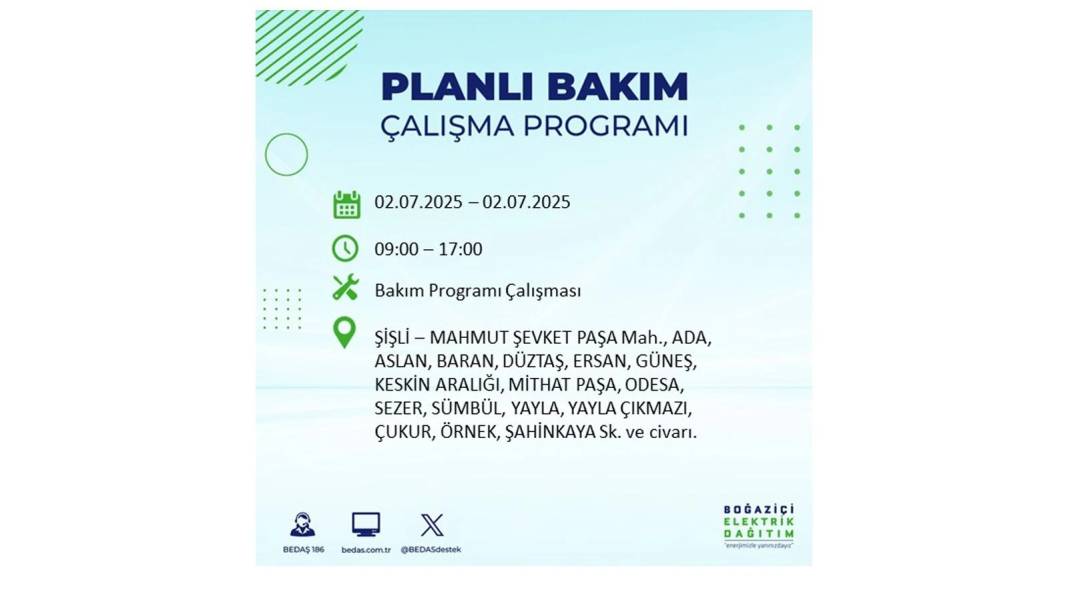 O İLÇELERDE UZUN SÜRE ELEKTRİK OLMAYACAK: BEDAŞ 2 Temmuz Çarşamba elektrik kesintisi yaşayacak ilçeleri sıraladı 10