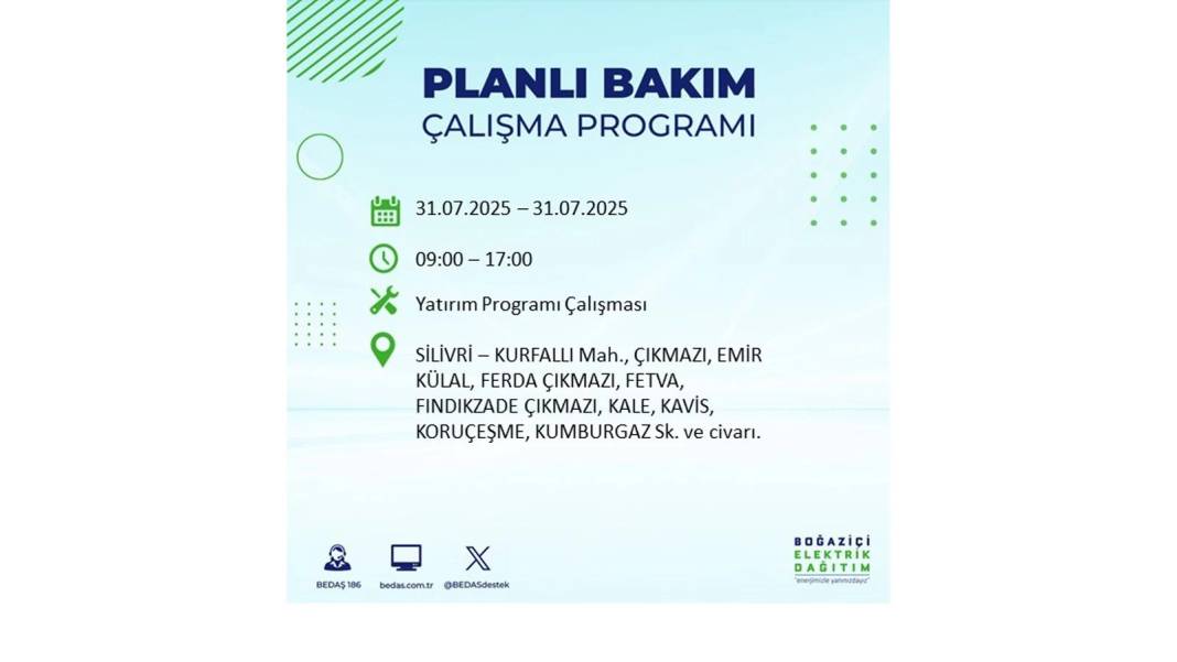 BÜYÜK ELEKTRİK KESİNTİSİ OLACAK: BEDAŞ 31 Temmuz Perşembe elektrik kesintisi yaşayacak ilçeleri sıraladı! 9
