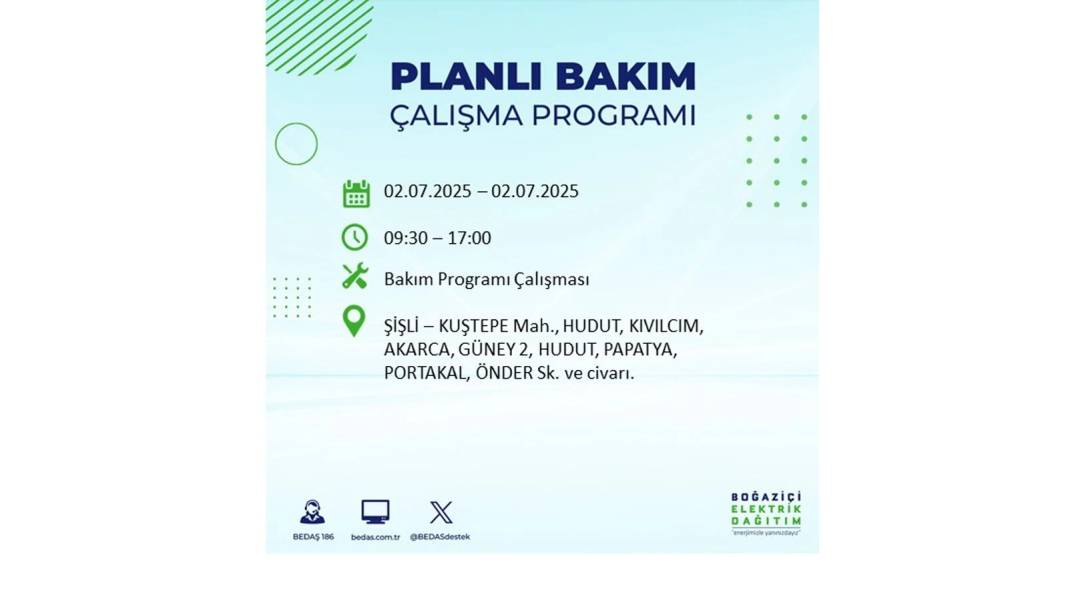 O İLÇELERDE UZUN SÜRE ELEKTRİK OLMAYACAK: BEDAŞ 2 Temmuz Çarşamba elektrik kesintisi yaşayacak ilçeleri sıraladı 7