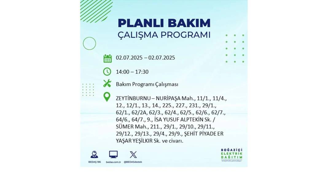 O İLÇELERDE UZUN SÜRE ELEKTRİK OLMAYACAK: BEDAŞ 2 Temmuz Çarşamba elektrik kesintisi yaşayacak ilçeleri sıraladı 5