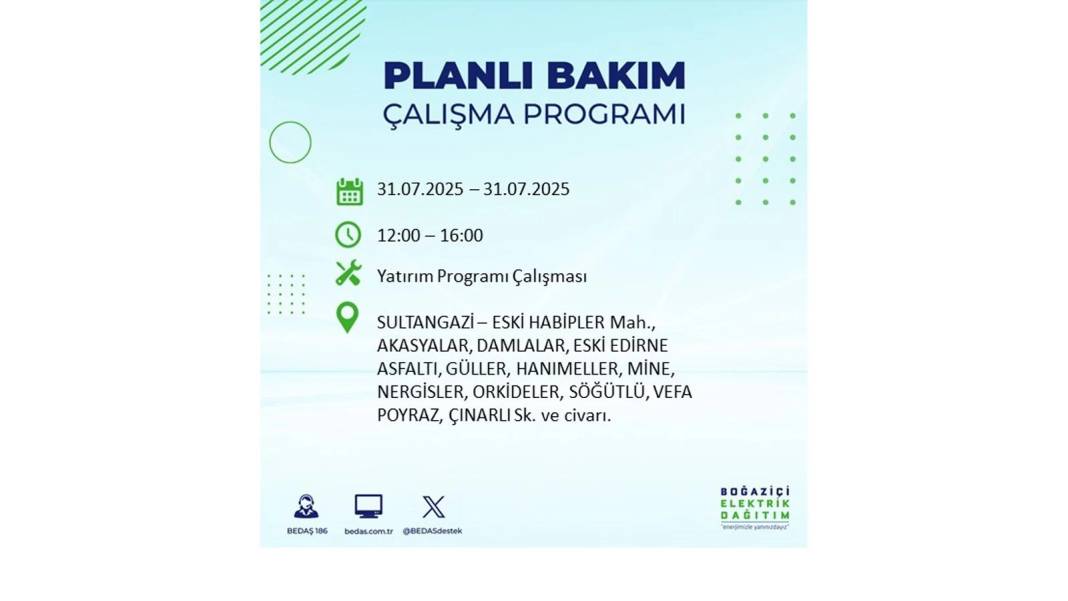 BÜYÜK ELEKTRİK KESİNTİSİ OLACAK: BEDAŞ 31 Temmuz Perşembe elektrik kesintisi yaşayacak ilçeleri sıraladı! 1