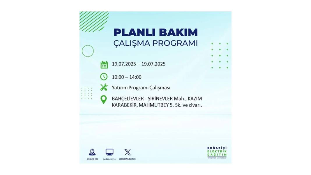 O İLÇELERDE ELEKTRİK OLMAYACAK: BEDAŞ 19 Temmuz Cumartesi elektrik kesintisi yaşayacak ilçeleri sıraladı! 16