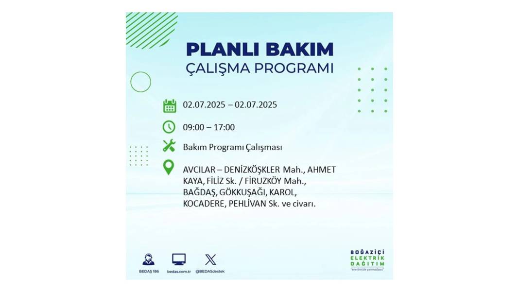 O İLÇELERDE UZUN SÜRE ELEKTRİK OLMAYACAK: BEDAŞ 2 Temmuz Çarşamba elektrik kesintisi yaşayacak ilçeleri sıraladı 74