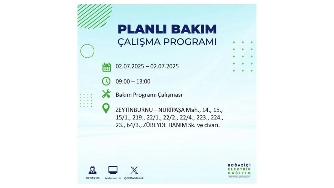 O İLÇELERDE UZUN SÜRE ELEKTRİK OLMAYACAK: BEDAŞ 2 Temmuz Çarşamba elektrik kesintisi yaşayacak ilçeleri sıraladı 3