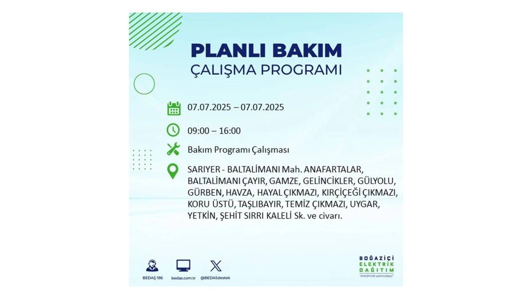 BÜYÜK ELEKTRİK KESİNTİSİ YAŞANACAK: BEDAŞ 7 Temmuz Pazartesi elektrik kesintisi yaşayacak ilçeleri sıraladı! 9