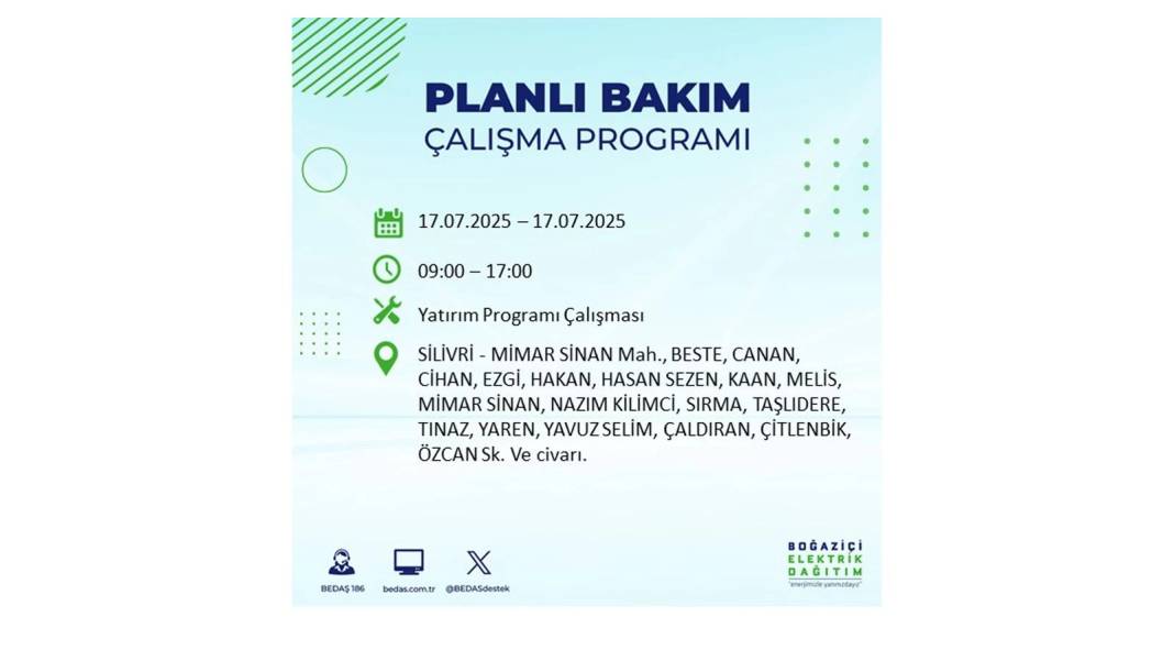 O İLÇELERDE ELEKTRİK OLMAYACAK: BEDAŞ 17 Temmuz Perşembe elektrik kesintisi yaşayacak ilçeleri sıraladı! 9