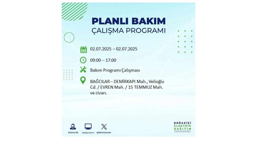 O İLÇELERDE UZUN SÜRE ELEKTRİK OLMAYACAK: BEDAŞ 2 Temmuz Çarşamba elektrik kesintisi yaşayacak ilçeleri sıraladı 75