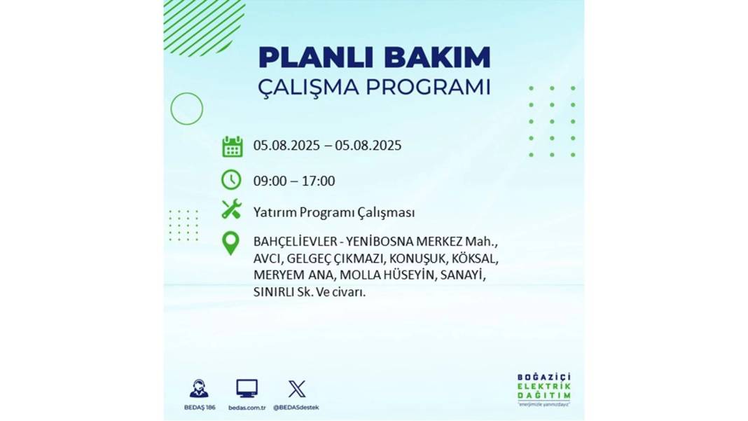 BÜYÜK ELEKTRİK KESİNTİSİ YAŞANACAK: BEDAŞ 5 Ağustos Salı elektrik kesintisi yaşayacak ilçeleri sıraladı! 6