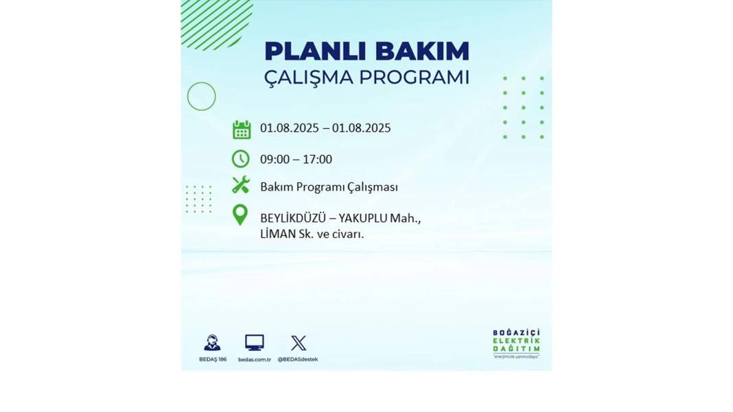 BÜYÜK ELEKTRİK KESİNTİSİ YAŞANACAK: BEDAŞ 1 Ağustos Cuma elektrik kesintisi yaşayacak ilçeleri sıraladı! 45