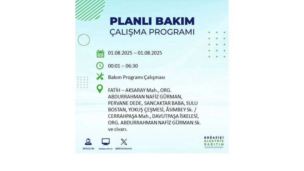 BÜYÜK ELEKTRİK KESİNTİSİ YAŞANACAK: BEDAŞ 1 Ağustos Cuma elektrik kesintisi yaşayacak ilçeleri sıraladı! 31